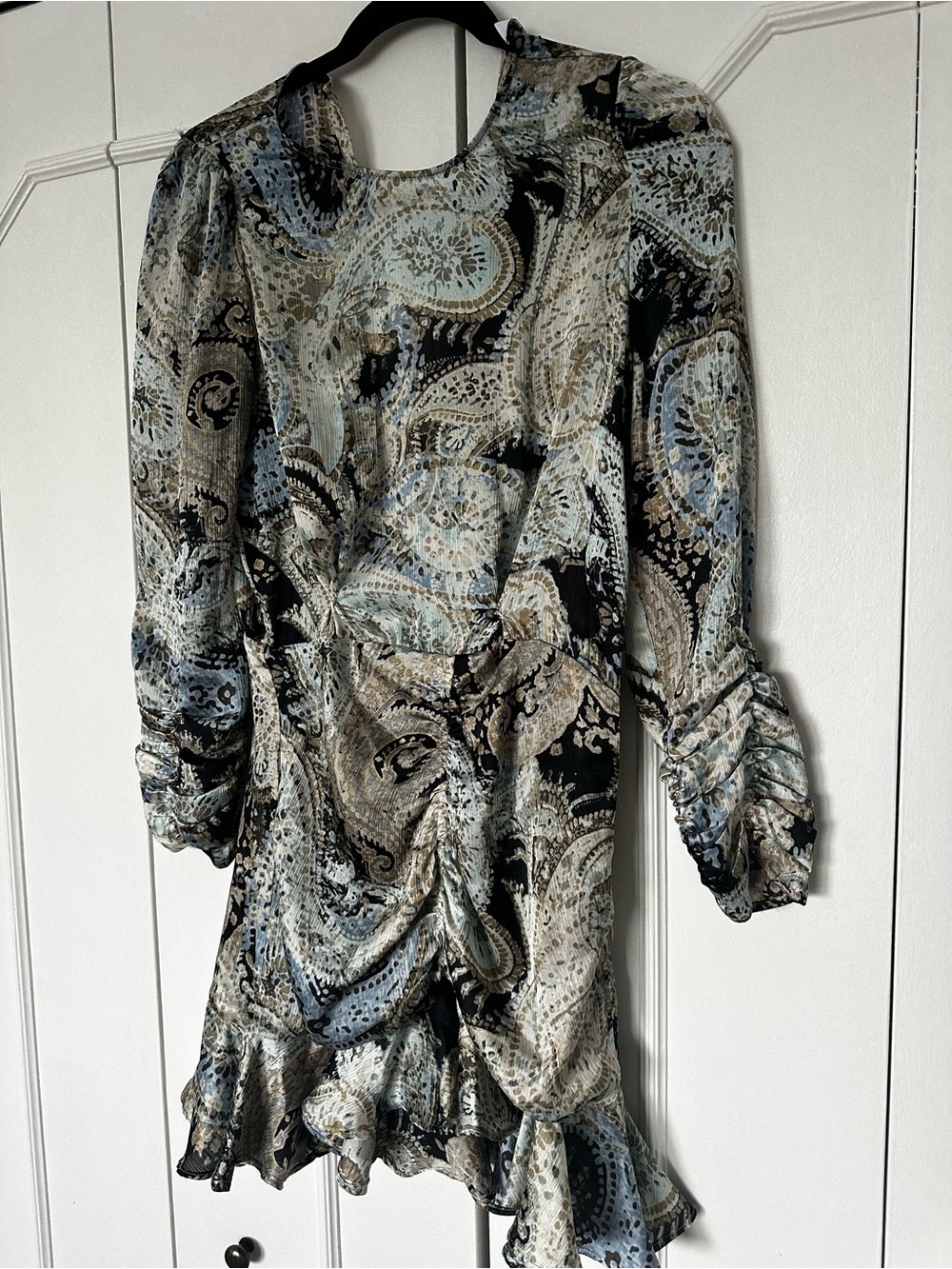 Zara Paisley Ruched Long Sleeve Mini Dress in Black, Blue, Cream, Tan